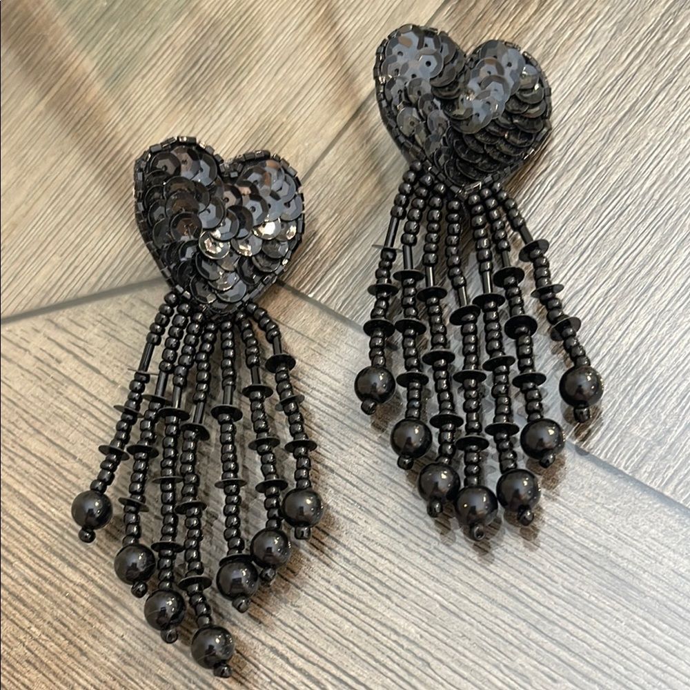 Vintage 80’s Black Sequin & Beaded Heart Clip Earrings